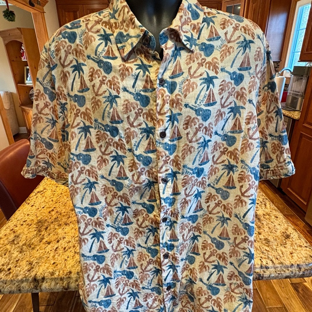 Margaritaville‎ men’s BBQ Tropical Shirt. Sharp palm/anchor/guitar print. 2XL
